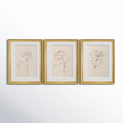 Floral Contour Study I - Vintage Botanical Print, Matted and Framed Under Glass, Set of 3, Living Room and Dining Room Wall Art