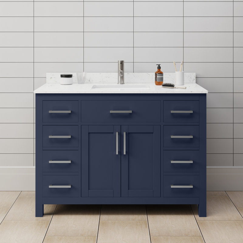 Beckett 48" Freestanding Single Bathroom Vanity with Cultured Marble Top, Dark Blue, Brushed Nickel, Carrara Cultured Marble