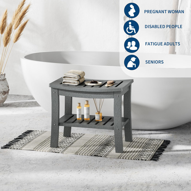 Waterproof HDPE Shower Bench with Lower Storage Shelf, Heavy Duty Bath Seat Stool, 180KG Capacity for Adults & Seniors, Grey