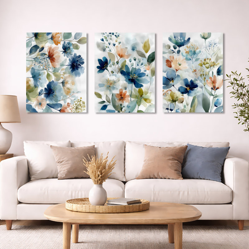 Aquarelle, bleu et orange, champs de fleurs sauvages en France - fleurs sauvages, art mural sur toile, ensemble de 3