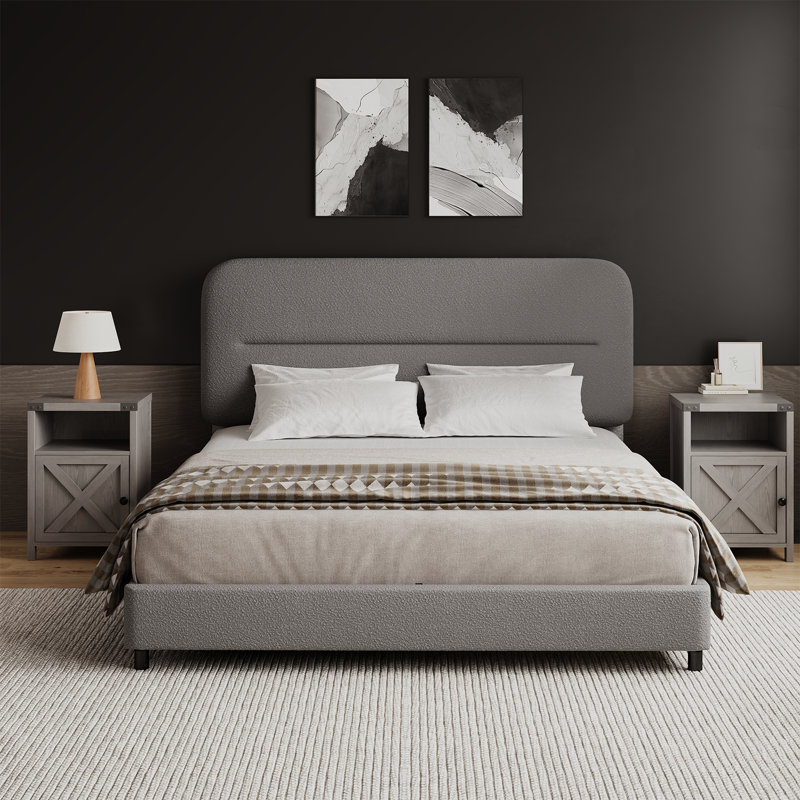 Ensemble de chambre à coucher 3 pièces, ensemble de lit avec ensemble de 2 tables de chevet, Gris / Gris, Grand