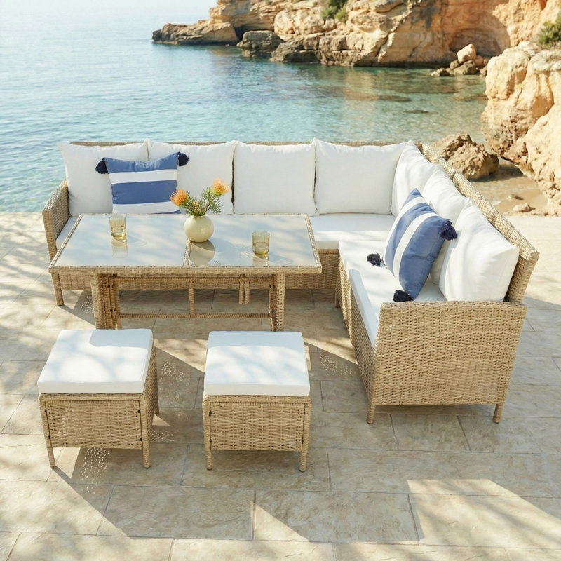 Kissner Rattan 7 - Person Seating Group, White, Natural