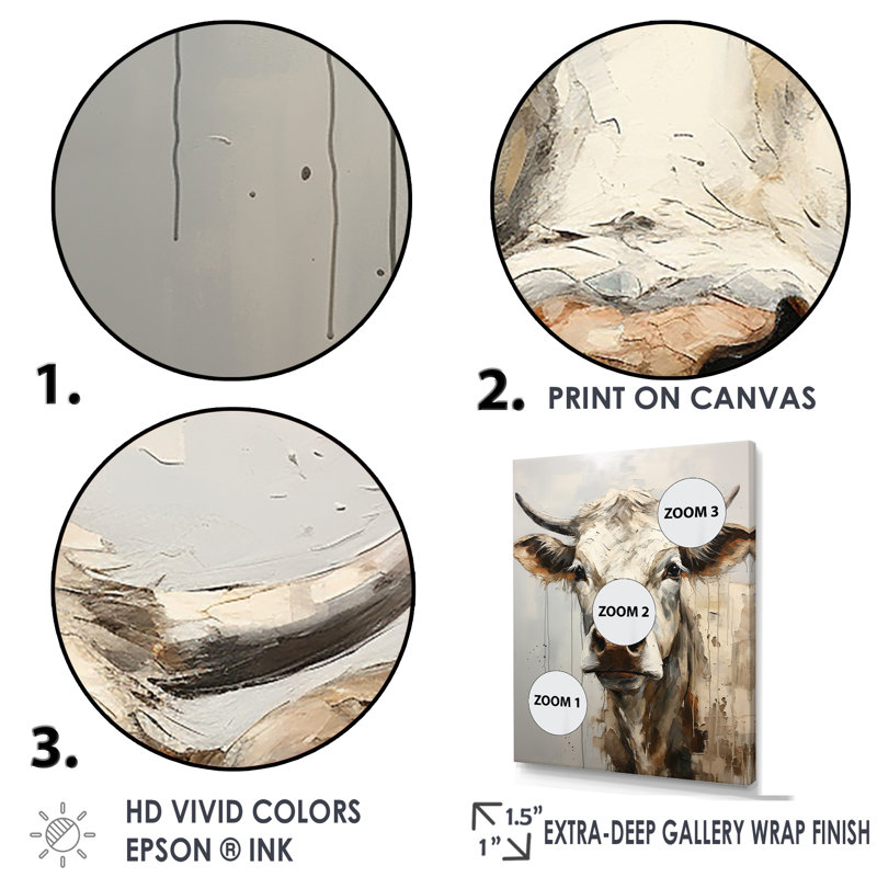 Minimalisme, portrait de vache beige I sur toile, Cadre flottant doré, H 32 po x l 24 po x P 1 po