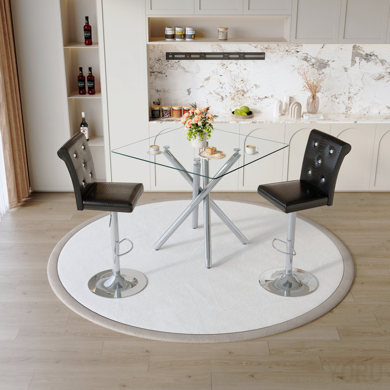 Ensemble de 2 tables de bar modernes en verre et tabourets de bar réglables, table de pub contemporaine à hauteur de comptoir avec pieds chromés, chaises de bar pivotantes en cuir noir pour îlot de cuisine, bar personnel