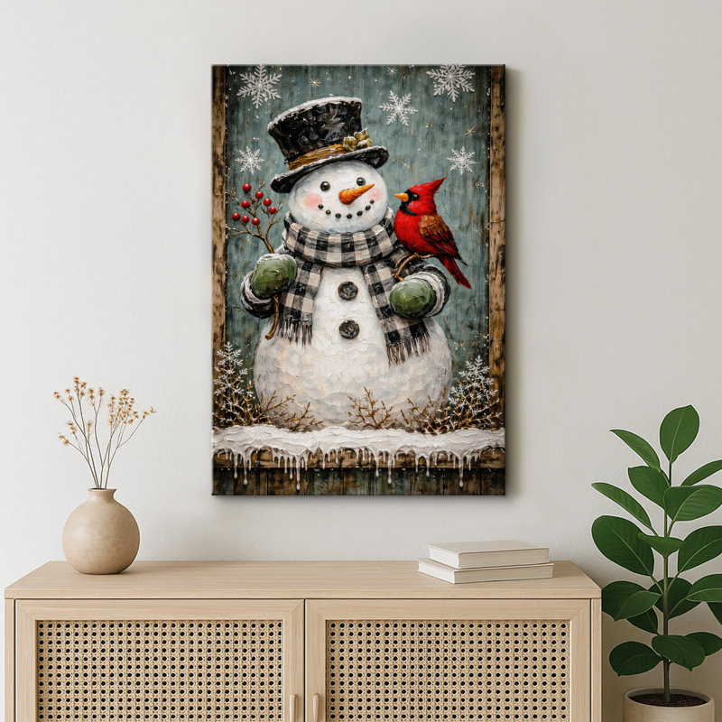 Illustration de bonhomme de neige rustique avec oiseau cardinal, photos de salon, impression sur toile encadrée, Toile tendue