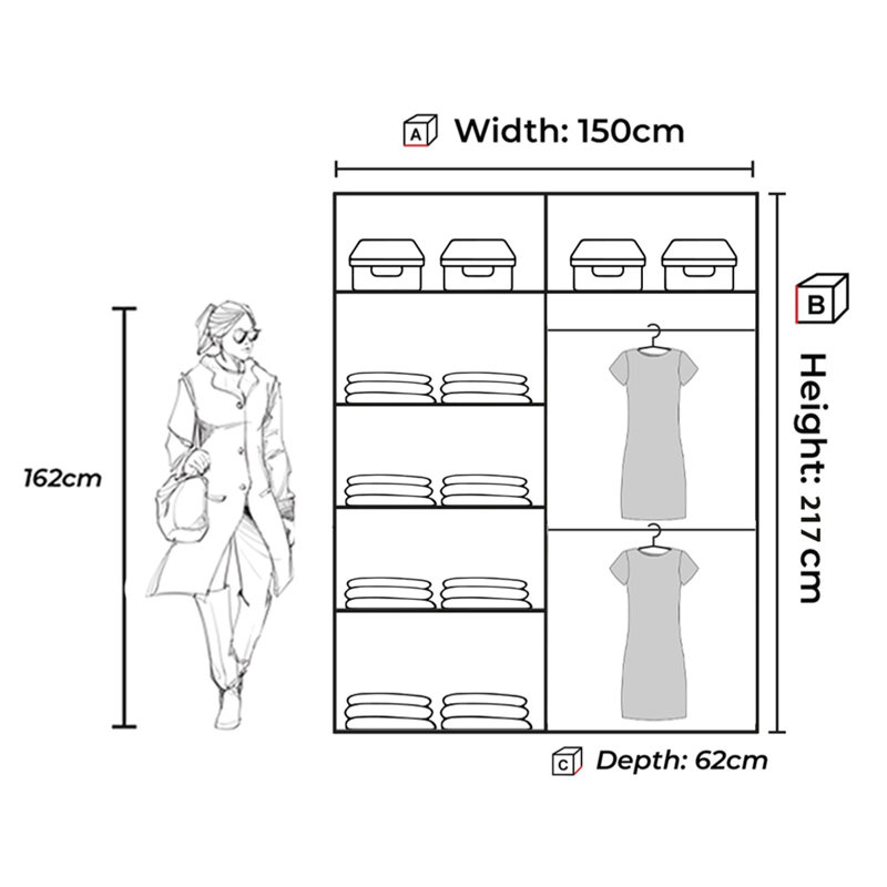 2 Door Laminate Wardrobe, Matte Black, 217cm H x 150cm W x 62cm D