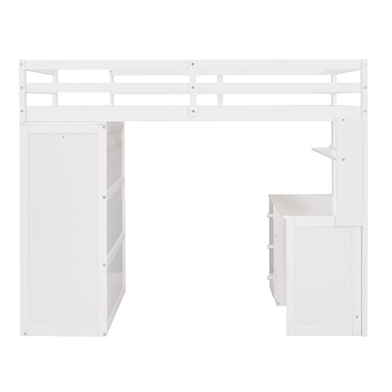 Lit mezzanine avec tiroirs, bureau et garde-robe, Lit simple, Blanc