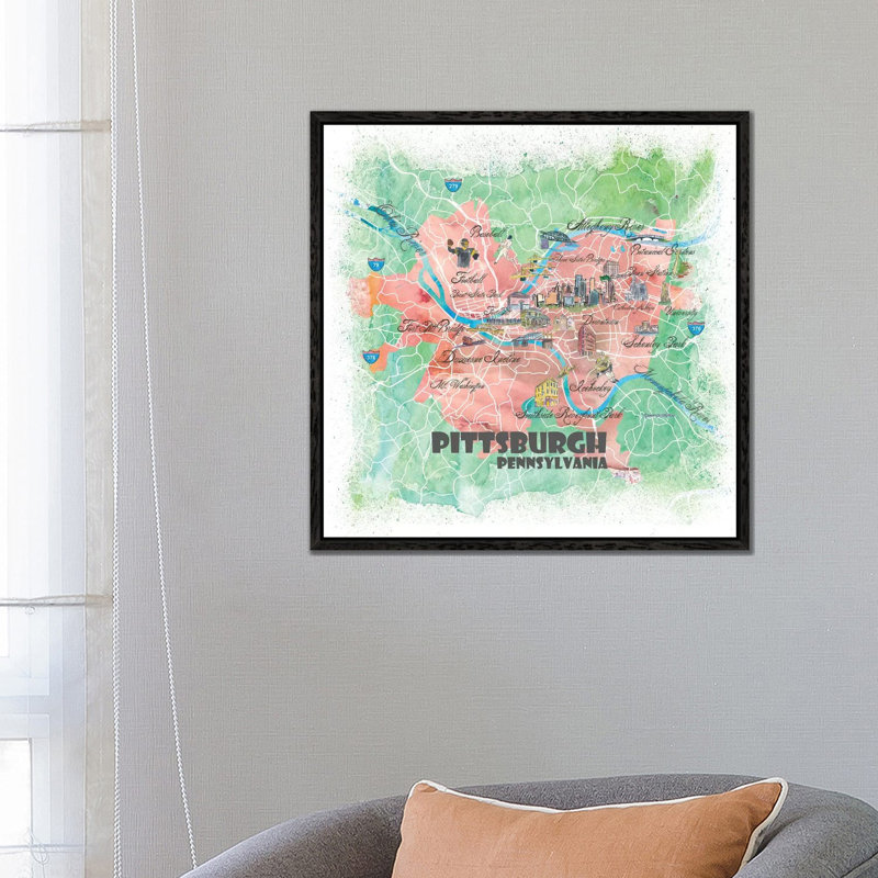 Pittsburgh Pennsylvania Illustrated Map 1 Piece Painting on Canvas, 66.04cm H x 66.04cm W x 3.81cm D, Black Floater Framed
