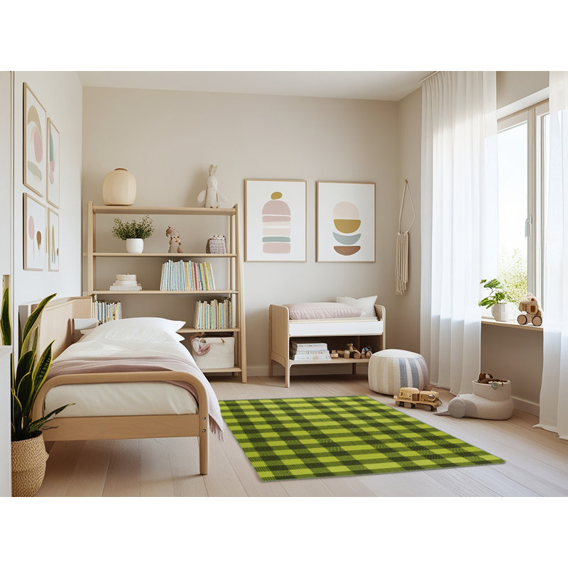 Machine Washable Checkered Green Area Rug, Rectangle 3' x 5'