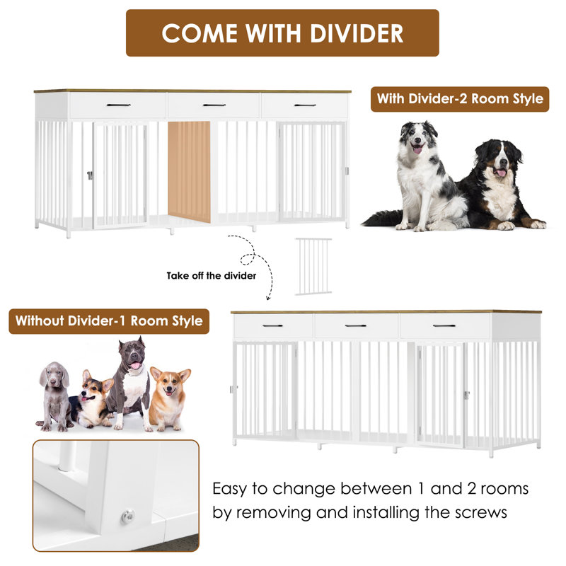 71"W Large Dog Crate Furniture With 3 Drawers And Divider, Brown/White