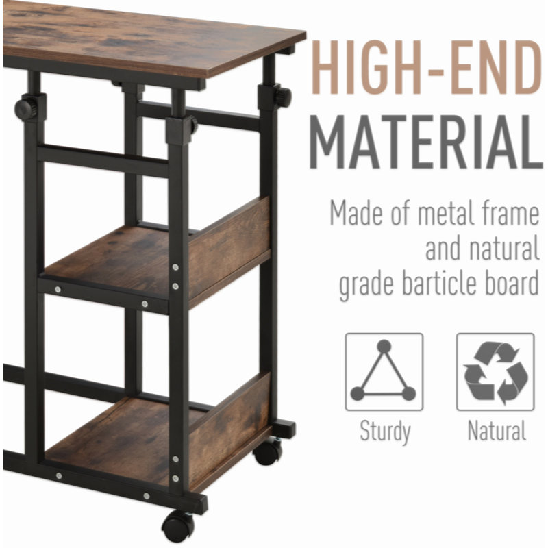 Industrial C-Shaped Mobile Rolling Sofa Side Table With 3-Tier Storage Shelving, Adjustable Height