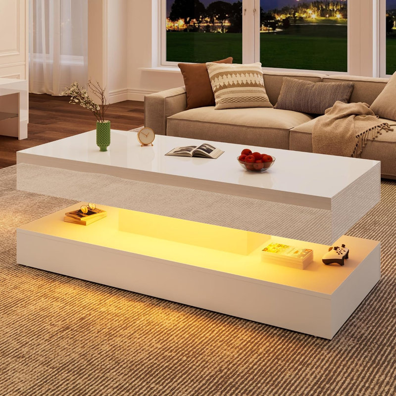 Table basse 47,3 po moderne à DEL ultrabrillante avec 2 tiroirs de rangement, lumière centrale RVB de contrôle APP, imperméable et résistante aux égratignures
