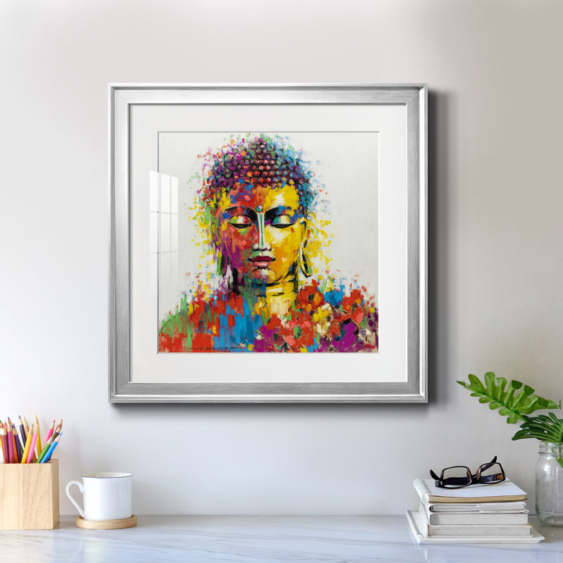 Bouddha - peinture encadrée, Papier avec cadre argenté, H 17,5 po x l 17,5 po x P 1,5 po