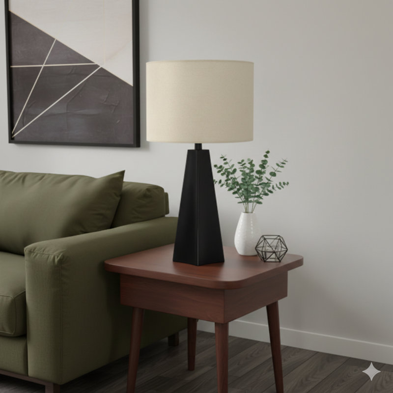 Lighting, H 27 po, lampe de table, résine noire, abat-jour beige, moderne