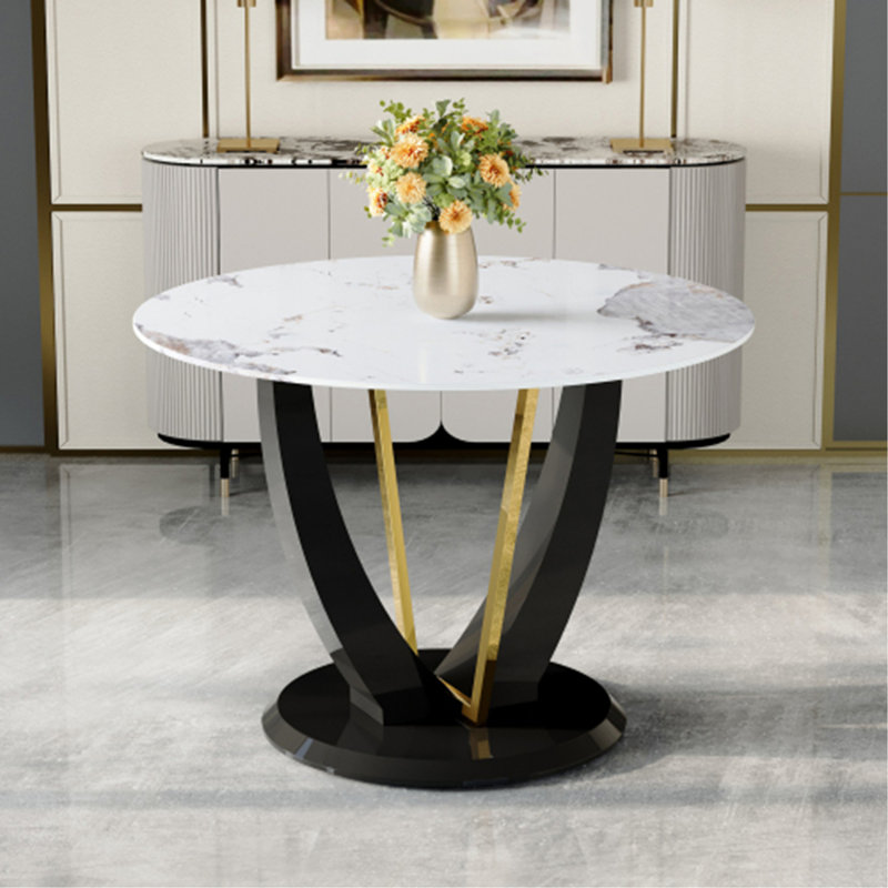 Table de salle à manger ronde en verre trempé de 42 pouces de diamètre - Design moderne, pieds en panneau de fibres à densité moyenne en forme de V. Imitation de texture de marbre, peinture sur panneau de fibres à densité moyenne.