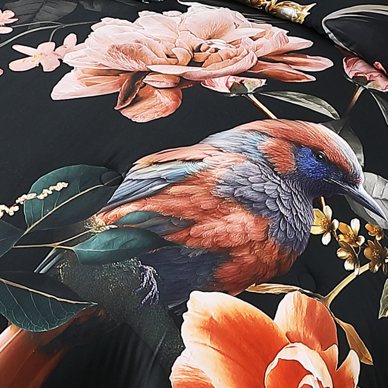King Black Cotton Reversible Comforter Set with Floral Design