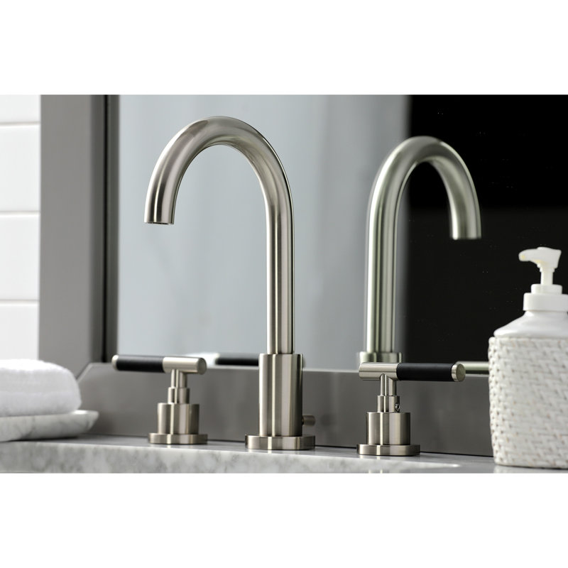Kingston Brass Kaiser Two-Handle 3-Hole Deck Mount Widespread Bathroom Faucet with Brass Pop-Up Drain, Brushed Nickel