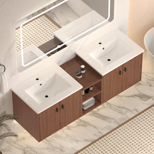 60in Reddish Brown Soft Close Doors Bathroom Vanity , A Small Storage Shelves, 24" And 12" Combination Cabinet,(Kd-Packing)