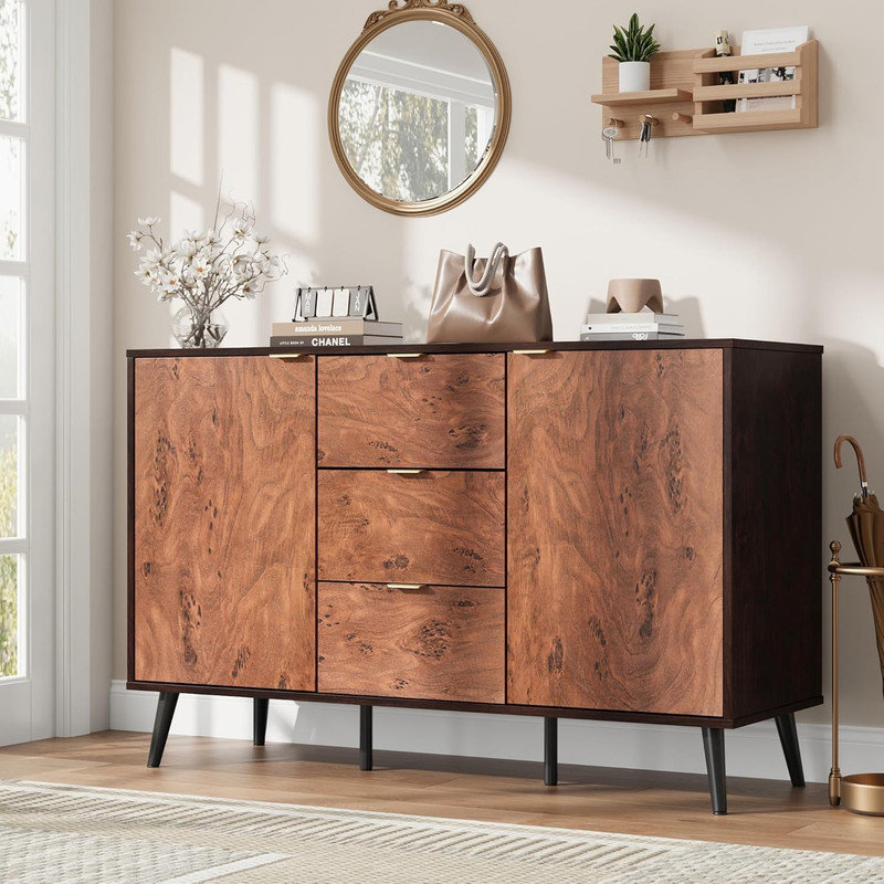 52.1" Wood Sideboard Buffet Cabinet with Drawers, Farmhouse Coffee Bar Storage for Living Room, Kitchen, Entryway – Red Walnut