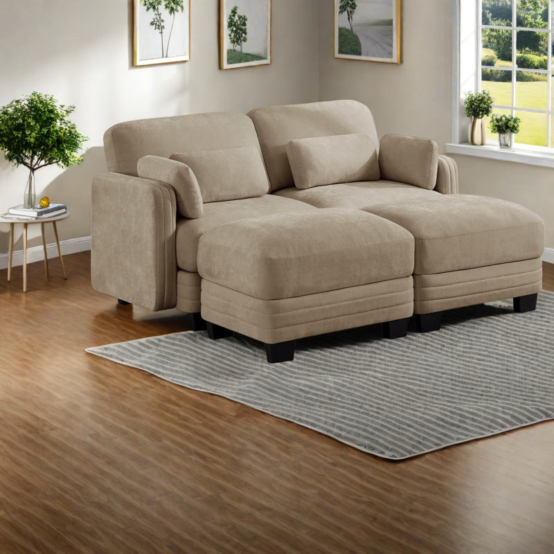 Canapé d'angle moderne à compression, canapé 2 places en chenille camel avec poufs - Maison