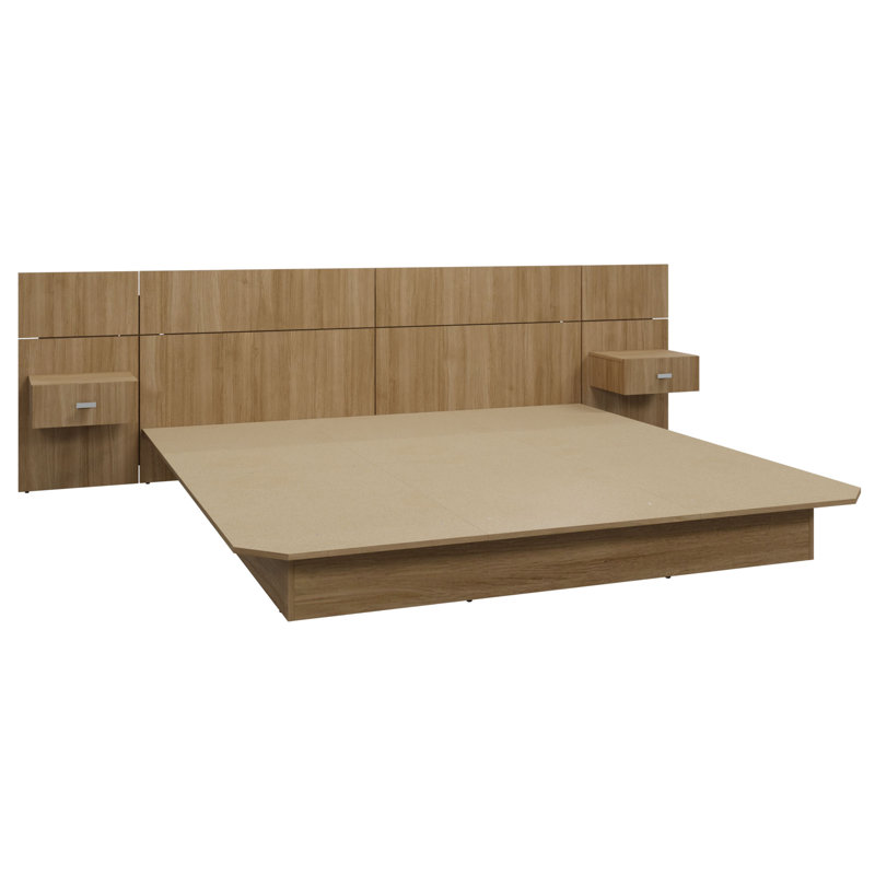Lit plateforme avec tête de lit et tables de chevet Katsuki (2) - Assemblage facile, aucun sommier requis, Brun