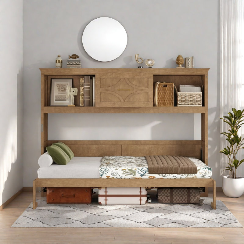 Lit escamotable avec station de charge, 2 armoires de rangement et 1 tiroir, Bois