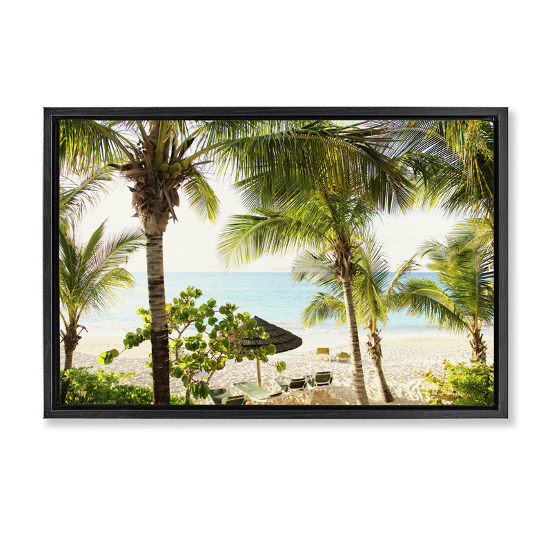 Toile flottante encadrée «Tropical Beach Resort» par Susan Bryant, Cadre flottant noir de jais, H 17 po x l 25 po