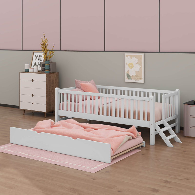 Lit plateforme simple avec garde-corps et lit gigogne, Blanc