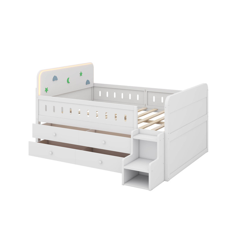 Lit double en bois avec lumière DEL, tiroirs de rangement, Blanc