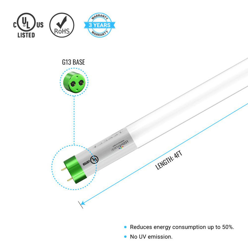 18 watts (équivalent à 50 watts), ampoule à DEL T8 non-à intensité variable, culot G13/à deux broches, 6 500 K