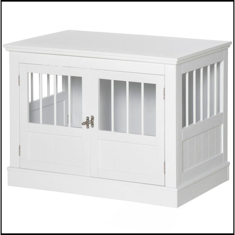 Table de bout pour cage de chien avec portes triples, cage à chien en bois pour l'intérieur, cage à chiot avec tubes en acier, pour petits chiens, blanc