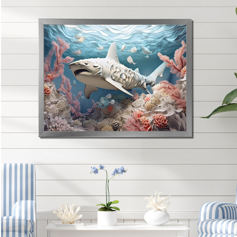 " Coral And Sharks Collage Symetry ", Silver Single Picture Framed, 24" H x 32" W x 1" D