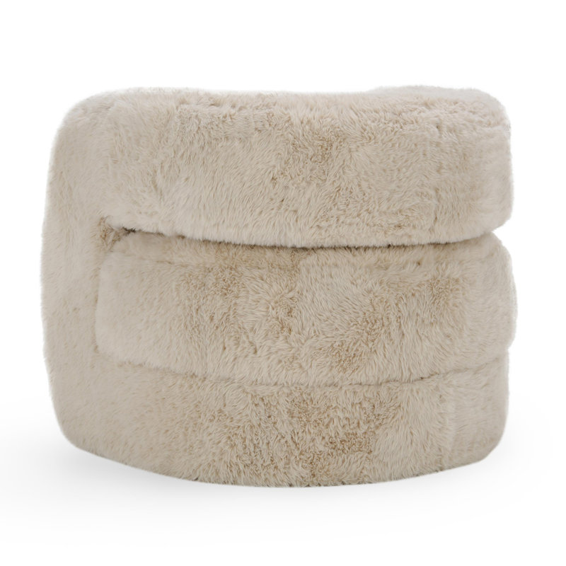 Beige Faux Fur Upholstered Barrel Chair with Solid Wood Frame