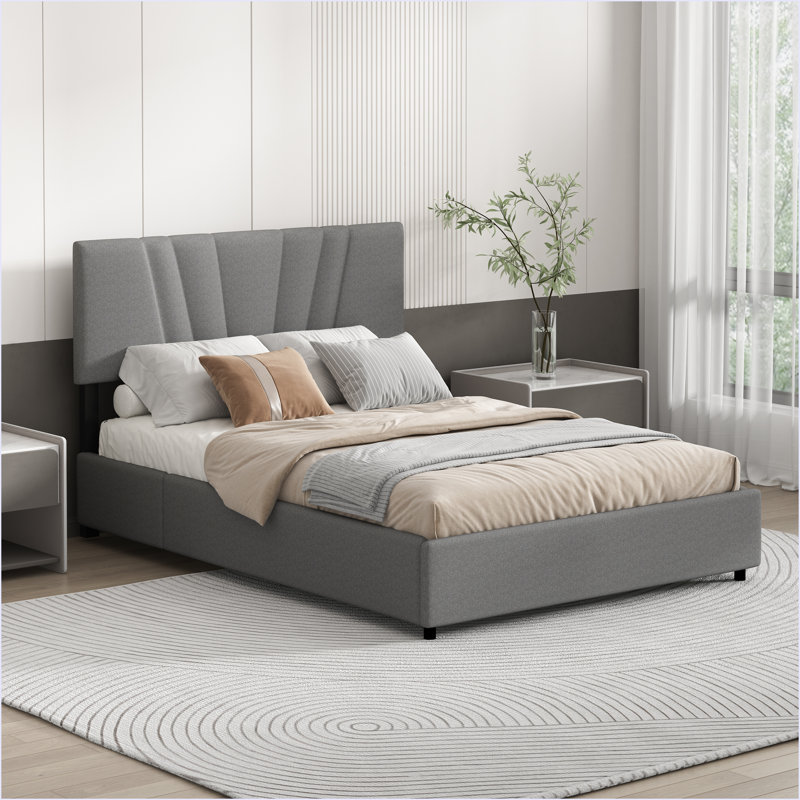 Lit plateforme tapissier avec rangement relevable, Gris, Lit double