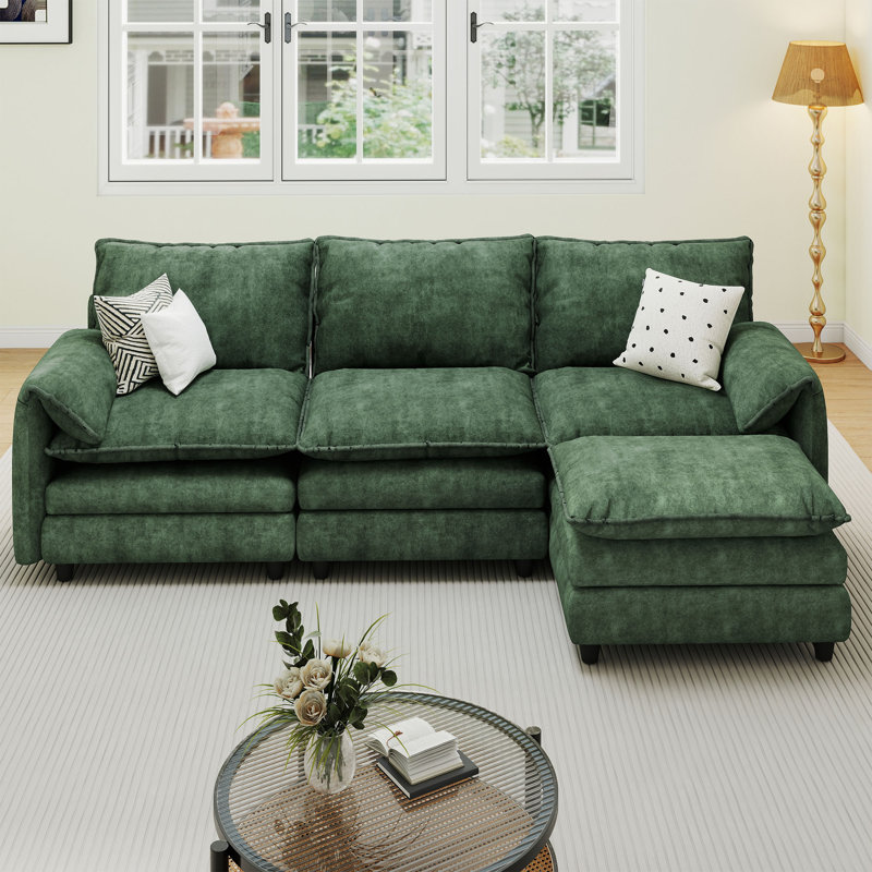  4-Piece 106''W Velvet Upholstered Reversible L-Shape Sectional Sofa, Modular Sleeper Couch With Ottoman, Green Velvet