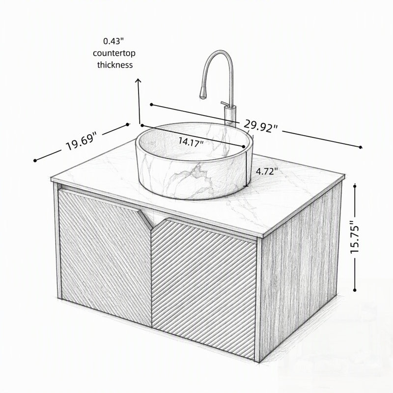 Wall Mounted Single Double Single Vanity Bathroom Vanity With Top, 15.75"H*29.92"W*19.69"D, Round White Stone Vessel