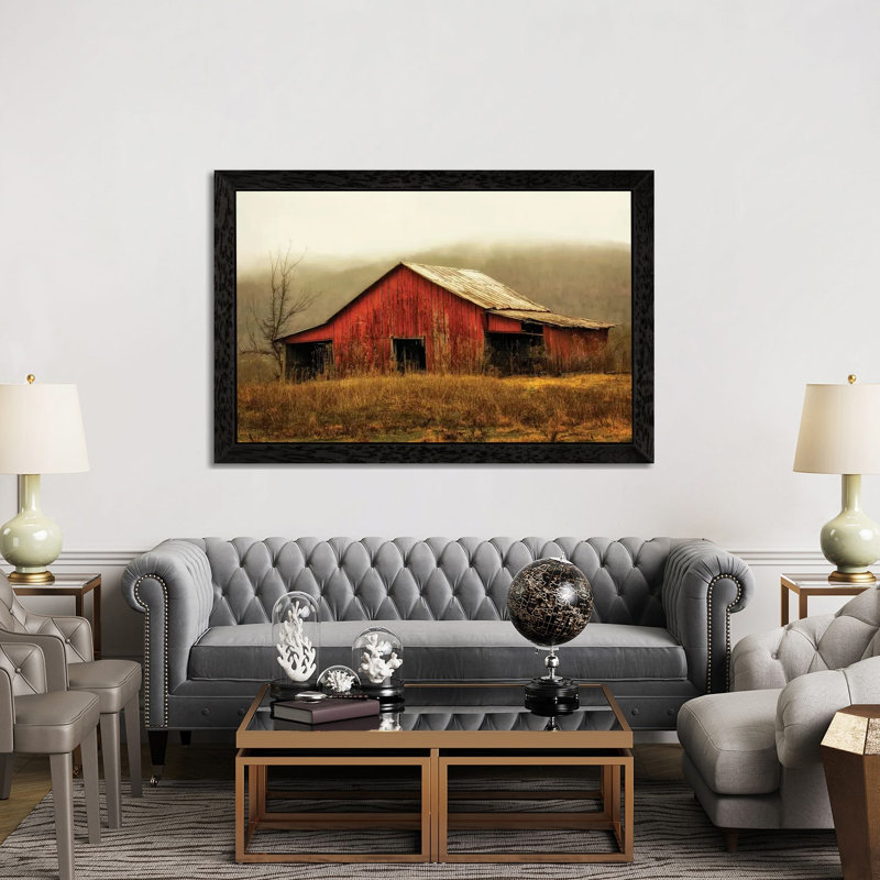 Skylight Barn In The Fog by Andy Amos - Floater Frame Print on Canvas, 66.04 cm H x 45.72 cm W, Black Framed