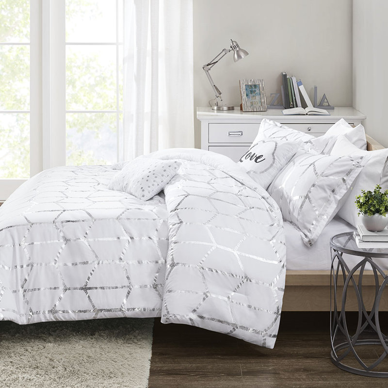 Édredon pour lit simple / simple TG - blanc avec motif géométrique métallique argenté, doux, 2 taies décoratives, coussins décoratifs, literie empaquetable à motif géométrique sur fond blanc, tissu froissé