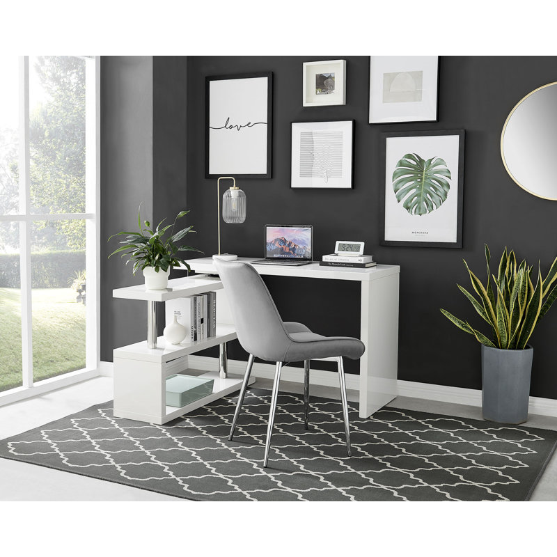 Bureau rotatif en L ultra brillant avec rangement pour tablettes - Bureau à domicile