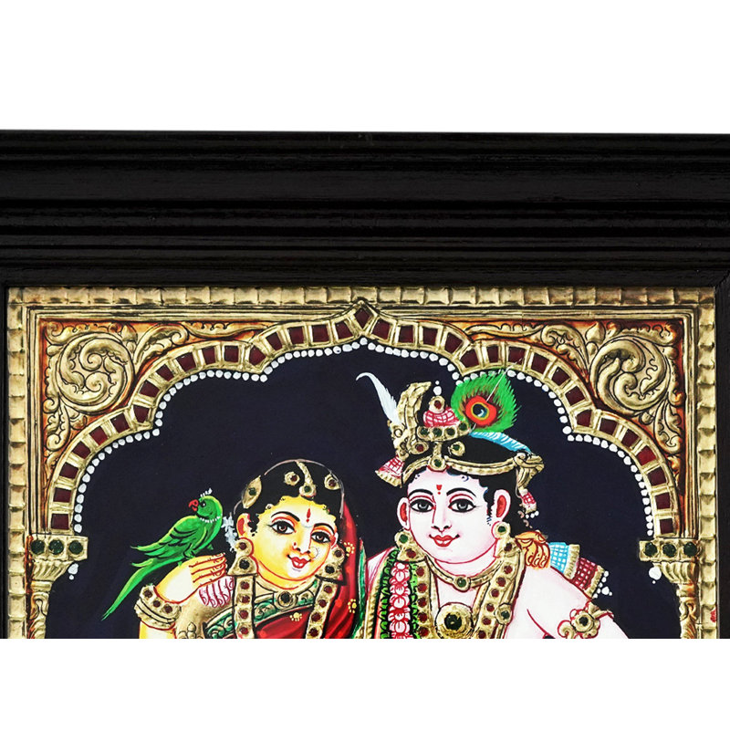 Divinités indiennes Rukmani Krishna Tanjore, peinture avec cadre | Couleur traditionnelle avec or 24 carats