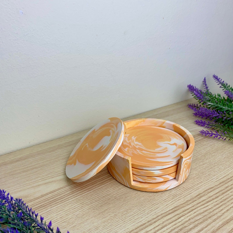 Stoneware Round 4 Piece Coaster Set With Holder, Orange