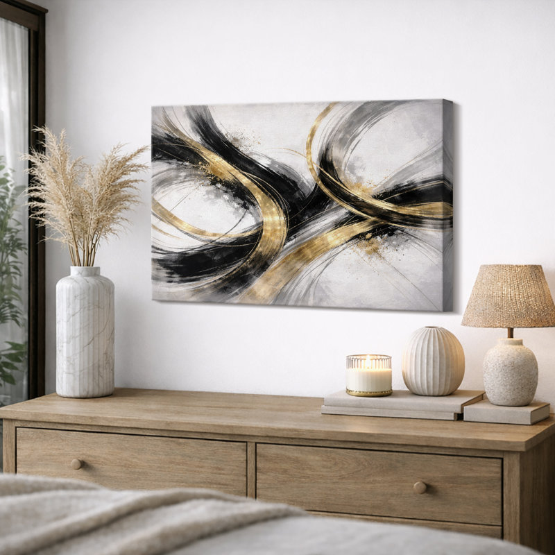 Abstrait mouvement fluide noir doré, images de salon contemporain, impression sur toile encadrée, Toile tendue