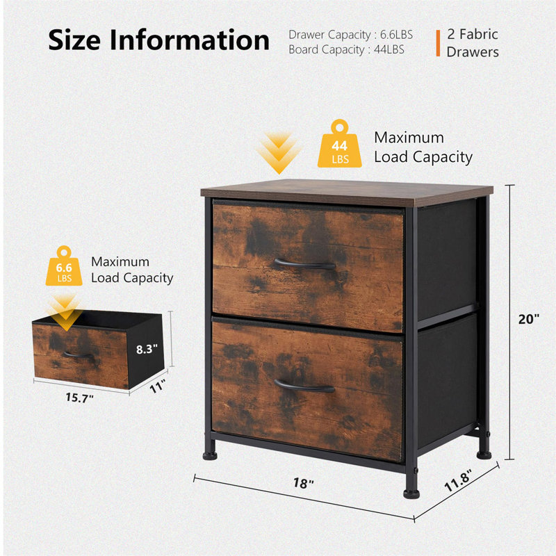 2-Drawer Wood and Fabric Nightstand with Open Shelf, Brown, 1