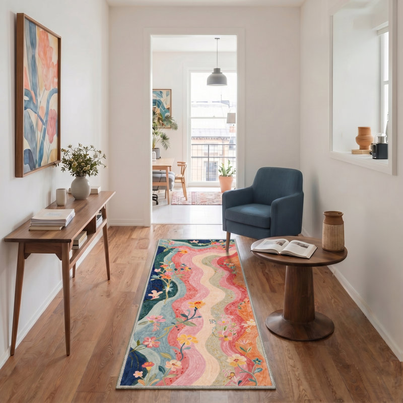 Verdalia Boho Floral Machine Washable Beige / Pink / Green / Blue Indoor Area Rug with Non-Slip Backing, Runner 2'3" x 6'