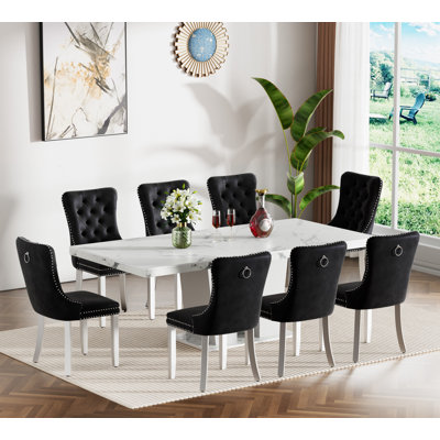 62.99" -78.74" Extendable Dining Table Set, White Dining Room Table & Velvet Dining Chairs with Stainless Leg, Rustic Kitchen Dining Table and Chairs Set, Modern Dining Table Set