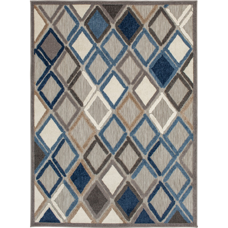 Tapis intérieur / extérieur gris / bleu marine Jaxun, Rectangle 2 pi 2 po x 3 pi