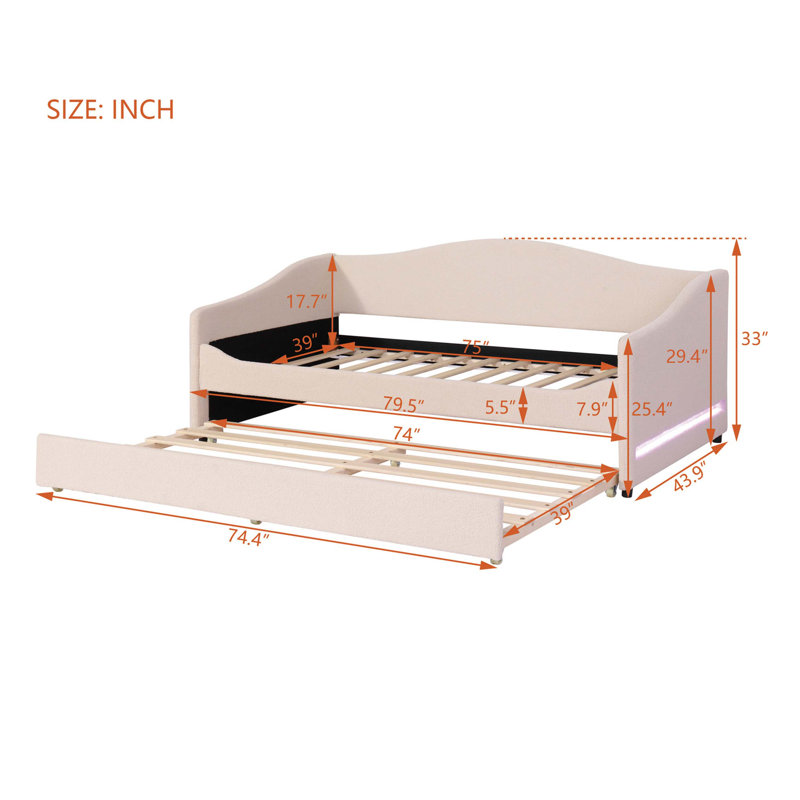 Upholstered Daybed with Smart LED Lighting and Trundle, a Functional and Stylish Addition for Modern Living Spaces, Twin