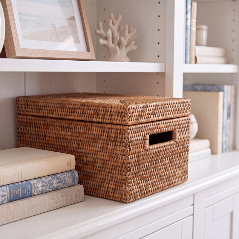Rectangular Storage Basket With Lid, Natural Matte