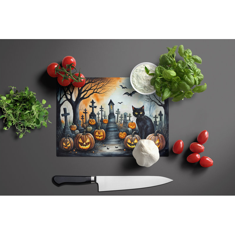 Black Cat Spooky Halloween Glass Cutting Board Large