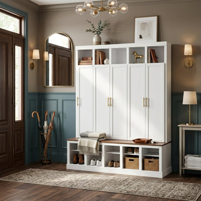 Large Farmhouse Hall Tree with Hidden Cabinet & Double Layer Shoe Storage Self